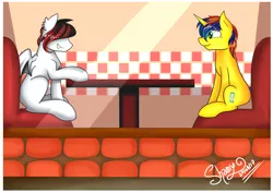 Size: 4960x3508 | Tagged: safe, artist:shamy-crist, derpibooru import, oc, unofficial characters only, bat pony, pony, unicorn, diner, high res, male, sitting, stallion