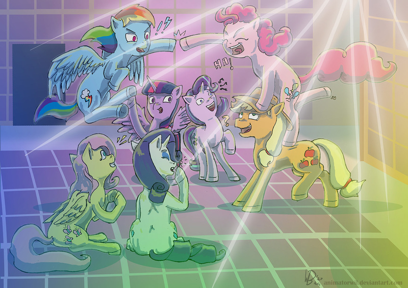 Size: 1528x1080 | Tagged: alicorn, applejack, artist:animatorwil, derpibooru import, dragon, fluttershy, high five, hoofbump, laughing, lights, mane six, party, pinkie pie, question mark, rainbow dash, rainbow lights party, rarity, safe, starlight glimmer, twilight sparkle, twilight sparkle (alicorn)