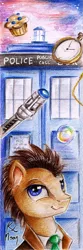Size: 400x1200 | Tagged: safe, artist:lailyren, artist:moonlight-ki, derpibooru import, doctor whooves, time turner, earth pony, pony, bookmark, clock, doctor who, floating, food, male, muffin, smiling, solo, sonic screwdriver, stallion, tardis, traditional art