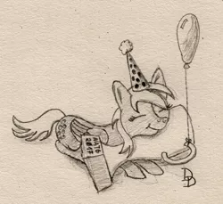 Size: 1600x1467 | Tagged: safe, artist:darkdabula, derpibooru import, derpy hooves, pony, atg 2017, balloon, eyes closed, hat, monochrome, newbie artist training grounds, party hat, solo, traditional art, trophy