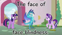 Size: 1920x1080 | Tagged: safe, derpibooru import, edit, edited screencap, screencap, princess ember, starlight glimmer, twilight sparkle, twilight sparkle (alicorn), alicorn, dragon, pony, unicorn, triple threat, discovery family logo, face blindness, female, mare, prosopagnosia