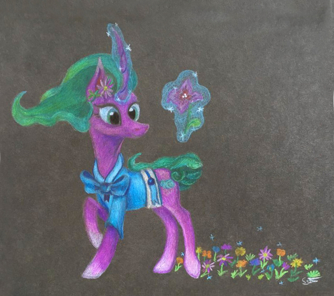 Size: 750x664 | Tagged: safe, artist:pony-from-everfree, derpibooru import, mistmane, pony, unicorn, campfire tales, black background, clothes, curved horn, flower, flowing mane, magic, simple background, solo, telekinesis, traditional art