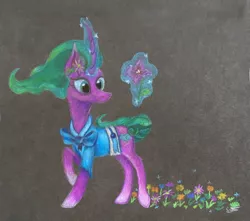 Size: 750x664 | Tagged: safe, artist:pony-from-everfree, derpibooru import, mistmane, pony, unicorn, campfire tales, black background, clothes, curved horn, flower, flowing mane, magic, simple background, solo, telekinesis, traditional art