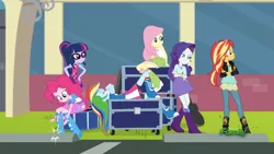 Size: 1280x720 | Tagged: safe, derpibooru import, screencap, fluttershy, pinkie pie, rainbow dash, rarity, sci-twi, sunset shimmer, twilight sparkle, eqg summertime shorts, equestria girls, get the show on the road, bored, clothes, crossed arms, geode of empathy, geode of fauna, geode of shielding, geode of super speed, geode of telekinesis, lying, magical geodes, on back, sitting, waiting