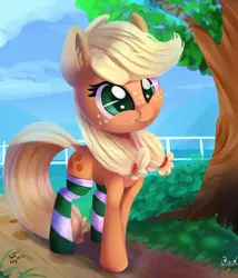 Size: 2000x2335 | Tagged: safe, artist:discorded, artist:tg1117, derpibooru import, applejack, earth pony, pony, clothes, collaboration, cute, female, freckles, hatless, hnnng, jackabetes, mare, missing accessory, socks, solo, stockings, striped socks, teenage applejack, teenager, thigh highs, tree