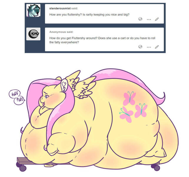 Size: 1177x1100 | Tagged: questionable, artist:fatfurparadise, derpibooru import, fluttershy, pony, ass, belly, belly bed, blob, chubby cheeks, fat, fattershy, flutterbutt, huge butt, immobile, implied feeder rarity, implied flarity, implied lesbian, implied shipping, impossibly large belly, impossibly large butt, large butt, morbidly obese, obese, panting, weight gain