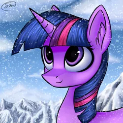 Size: 2000x2000 | Tagged: safe, artist:adagiostring, derpibooru import, twilight sparkle, pony, unicorn, bust, ear fluff, female, looking up, mare, mountain, portrait, smiling, snow, solo