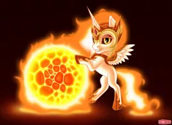 Size: 1980x1432 | Tagged: safe, artist:wwredgrave, derpibooru import, daybreaker, alicorn, pony, chibi, female, fire, helmet, looking at you, mare, planet, rolling, smiling, solo, stars, sun, tangible heavenly object