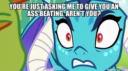 Size: 600x337 | Tagged: safe, derpibooru import, edit, edited screencap, screencap, princess ember, thorax, changedling, changeling, dragon, triple threat, caption, king thorax, vulgar