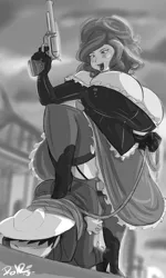 Size: 2297x3817 | Tagged: artist:shonuff44, big breasts, boots, breasts, busty cherry jubilee, cherry jubilee, cleavage, clothes, corset, derpibooru import, garter belt, garters, grayscale, gun, handgun, huge breasts, human, humanized, impossibly large breasts, monochrome, panties, pistol, revolver, rope, shoes, skirt, skirt lift, smiling, socks, stockings, suggestive, thigh highs, tied up, underwear