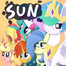 Size: 4000x4000 | Tagged: safe, artist:dragonpone, derpibooru import, princess celestia, spring step, sunburst, sunlight spring, sunset shimmer, sunshine smiles, sunshower, alicorn, pegasus, pony, unicorn, belly button, bipedal, catasterism, cheek fluff, chest fluff, crossed hooves, ear fluff, eyes closed, feather, flying, hair over one eye, lidded eyes, namesake, smiling, spread wings, stellar similarities, sun, sunshine shimmer, tongue out, wings