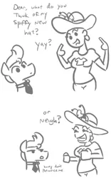 Size: 505x807 | Tagged: safe, artist:jargon scott, derpibooru import, oc, oc:horsey husband, oc:human wifey, unofficial characters only, earth pony, human, pony, comic, dialogue, frown, grayscale, grin, hat, horse puns, interspecies, monochrome, necktie, neigh, open mouth, pointing, pun, simple background, smiling, unamused, white background, yay