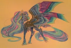 Size: 1024x691 | Tagged: safe, artist:oneiria-fylakas, derpibooru import, nightmare moon, braham, original species, pony, colored wings, multicolored wings, solo, species swap, traditional art