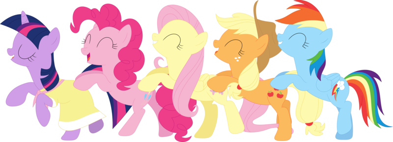 Size: 3594x1303 | Tagged: safe, artist:porygon2z, derpibooru import, applejack, fluttershy, pinkie pie, rainbow dash, twilight sparkle, earth pony, pegasus, pony, unicorn, sweet and elite, butt touch, clothes, conga, dress, eyes closed, female, hoof on butt, mare, simple background, transparent background, vector