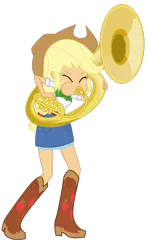 Size: 687x1163 | Tagged: safe, artist:discorded-joker, artist:haleyc4629, derpibooru import, edit, applejack, equestria girls, musical instrument, playing hard, playing instrument, simple background, solo, sousaphone, transparent background, tuba, tubajack, vector