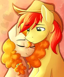 Size: 2000x2400 | Tagged: safe, artist:rubywave32, derpibooru import, bright mac, pear butter, earth pony, pony, the perfect pear, :t, abstract background, brightbutter, cowboy hat, cute, eyes closed, female, hat, heart, lidded eyes, male, mare, neck nuzzle, nuzzling, shipping, sitting, smiling, stallion, stetson, straight