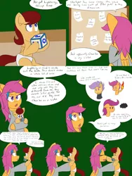 Size: 2400x3200 | Tagged: safe, artist:jake heritagu, derpibooru import, scootaloo, oc, oc:lightning blitz, pegasus, pony, comic:ask motherly scootaloo, alternate timeline, baby, baby pony, blocks, boop, chewing, colt, comic, dialogue, duo, eating, female, hairpin, holding a pony, male, mother and son, motherly scootaloo, mouth hold, multiverse, noseboop, notes, offspring, older, older scootaloo, parent:rain catcher, parent:scootaloo, parents:catcherloo, pinboard, speech bubble, sweatshirt, toy