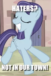 Size: 505x745 | Tagged: safe, derpibooru import, edit, edited screencap, screencap, blueberry frosting, pony, the cutie map, animation error, equal cutie mark, equalized, equalized mane, haters gonna hate, image macro, meme, missing horn, our town, solo