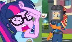 Size: 521x307 | Tagged: safe, derpibooru import, edit, screencap, sci-twi, sunset shimmer, twilight sparkle, eqg summertime shorts, equestria girls, get the show on the road, legend of everfree, abuse, animated, gif, scared, screaming, this will end in pain, twilybuse, welding, welding mask