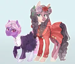 Size: 540x464 | Tagged: safe, artist:tenderlumpkins, artist:vividfizz, derpibooru import, oc, oc:dahlia, oc:ophelia, unofficial characters only, crystal pony, pony, braid, circlet, clothes, dress, duo, female, flower, flower in hair, freckles, lolita fashion, looking at you, mare, size difference, stockings, thigh highs, twins