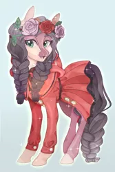 Size: 500x750 | Tagged: safe, artist:tenderlumpkins, artist:vividfizz, derpibooru import, oc, oc:dahlia, unofficial characters only, crystal pony, pony, braid, clothes, dress, female, flower, flower in hair, freckles, lolita fashion, looking at you, mare, solo