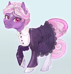 Size: 475x500 | Tagged: safe, artist:tenderlumpkins, artist:vividfizz, derpibooru import, oc, oc:ophelia, unofficial characters only, crystal pony, pony, circlet, clothes, dress, female, lolita fashion, looking at you, mare, solo, stockings, thigh highs