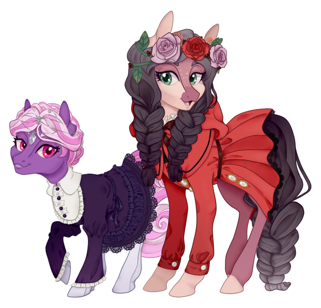 Size: 780x750 | Tagged: safe, alternate version, artist:tenderlumpkins, artist:vividfizz, derpibooru import, oc, oc:dahlia, oc:ophelia, unofficial characters only, crystal pony, pony, braid, circlet, clothes, dog lip, dress, duo, female, flower, flower in hair, freckles, lolita fashion, looking at you, mare, size difference, stockings, thigh highs, twins