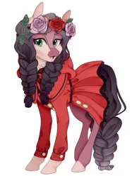 Size: 534x713 | Tagged: safe, alternate version, artist:tenderlumpkins, artist:vividfizz, derpibooru import, oc, oc:dahlia, unofficial characters only, crystal pony, pony, braid, clothes, dress, female, flower, flower in hair, freckles, lolita fashion, looking at you, mare, solo
