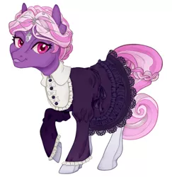 Size: 485x500 | Tagged: safe, alternate version, artist:tenderlumpkins, artist:vividfizz, derpibooru import, oc, oc:ophelia, unofficial characters only, crystal pony, pony, circlet, clothes, female, lolita fashion, looking at you, mare, solo, stockings, thigh highs