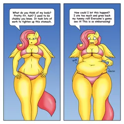 Size: 3500x3500 | Tagged: anthro, artist:lordstormcaller, bbw, belly button, blushing, bra, breasts, busty fluttershy, chubby, clothes, crying, derpibooru import, descriptive noise, dialogue, embarrassed, fat, fattershy, female, fit, fluttershy, need to go on a diet, need to lose weight, open mouth, simple background, smiling, solo, solo female, speech bubble, suggestive, teary eyes, thunder thighs, underwear, weight gain