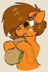 Size: 518x768 | Tagged: safe, artist:marsminer, derpibooru import, oc, oc:venus spring, unofficial characters only, pony, brown background, bust, eating, floppy ears, food, hoof hold, sandwich, simple background, solo