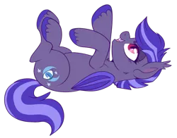 Size: 750x589 | Tagged: safe, artist:lulubell, derpibooru import, oc, oc:night watch, unofficial characters only, bat pony, pony, fangs, female, mare, on back, simple background, smiling, solo, transparent background