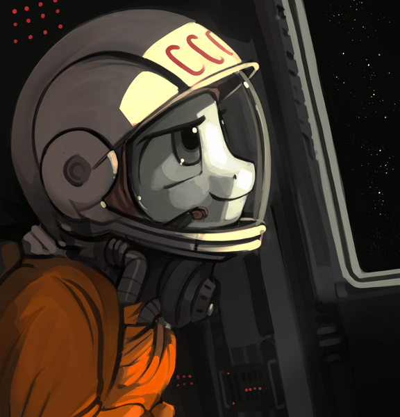 Size: 1035x1079 | Tagged: safe, artist:dimfann, derpibooru import, oc, oc:clouse, unofficial characters only, pony, astronaut, clothes, cosmonaut, male, russian, smiling, solo, soviet union, soyuz, space, spacesuit, stars, yuri gagarin