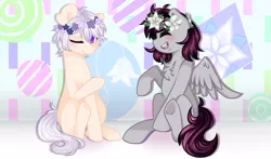 Size: 2758x1626 | Tagged: safe, artist:silvah-chan, artist:sketchyhowl, derpibooru import, oc, oc:garfunkel plum lilly, oc:harry, unofficial characters only, earth pony, pegasus, pony, blushing, eyes closed, female, floral head wreath, flower, male, mare, one eye closed, sitting, stallion, underhoof, wink