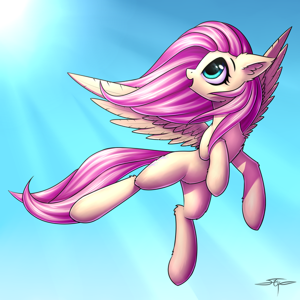 Size: 4000x4000 | Tagged: safe, artist:setharu, derpibooru import, fluttershy, pegasus, pony, absurd resolution, chest fluff, commission, cute, ear fluff, female, flying, happy, looking back, mare, shyabetes, sky, solo