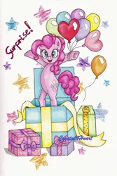 Size: 3311x4960 | Tagged: safe, artist:crystal4heart, derpibooru import, pinkie pie, pony, balloon, box, happy, high res, pony in a box, present, solo, starry eyes, traditional art, wingding eyes