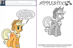 Size: 1204x800 | Tagged: safe, artist:dekomaru, derpibooru import, applejack, pony, tumblr:ask twixie, applestuck, ask, grayscale, implied appledash, implied lesbian, implied shipping, monochrome, scrunchy face, solo, tumblr