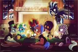 Size: 6000x4001 | Tagged: safe, artist:ruhisu, derpibooru import, oc, oc:duo, oc:jester, oc:macabre haze, oc:mojitojoe, oc:orion shadow, oc:tek croon, oc:wild blue, unofficial characters only, earth pony, pegasus, pony, unicorn, absurd resolution, clothes, commission, fireplace, poker, poker chips, suit