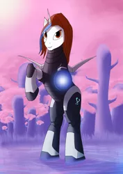 Size: 1024x1448 | Tagged: safe, artist:casparraillen, derpibooru import, oc, oc:trueheart, unofficial characters only, alien, pony, unicorn, armor, brown eyes, brown hair, energy, female, futuristic, grass, mare, nova armor, power armor, science fiction, shadow, solo, tree, water