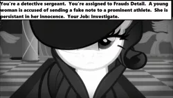 Size: 1280x720 | Tagged: black and white, canterlot castle, derpibooru import, detective rarity, dragnet, edit, edited screencap, grayscale, hat, joe friday, monochrome, noir, radio, rarity, rarity investigates, safe, screencap, solo, text, trenchcoat