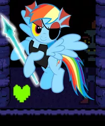 Size: 1000x1200 | Tagged: artist:emilz-the-half-demon, backwards cutie mark, crossover, derpibooru import, eyepatch, rainbow dash, rainbowdyne, safe, spear, undertale, undyne, weapon