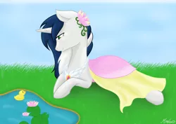 Size: 1024x724 | Tagged: safe, artist:mimicproductions, derpibooru import, oc, oc:muffinkarton, unofficial characters only, pony, unicorn, clothes, dress, duckling, female, mare, pond, prone, solo