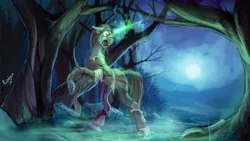 Size: 2667x1500 | Tagged: semi-grimdark, artist:rublegun, derpibooru import, oc, unofficial characters only, pony, undead, unicorn, death, forest, glowing horn, male, night, open mouth, solo, tree