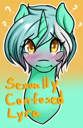 Size: 200x306 | Tagged: safe, artist:azure-doodle, derpibooru import, lyra heartstrings, pony, unicorn, blushing, bust, female, gradient background, looking at you, mare, question mark, sexually confused lyra