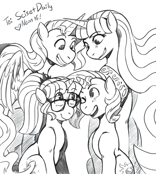 Size: 2700x3000 | Tagged: safe, artist:overlordneon, derpibooru import, sci-twi, sunset shimmer, twilight sparkle, twilight sparkle (alicorn), ponified, alicorn, pony, series:sciset diary, alicornified, female, lesbian, mare, monochrome, one eye closed, race swap, scitwishimmer, shimmercorn, shipping, simple background, size difference, sketch, smiling, sunsetsparkle, wink