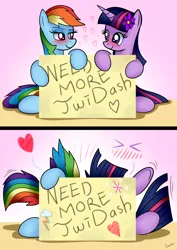 Size: 2480x3507 | Tagged: safe, artist:twidasher, derpibooru import, rainbow dash, twilight sparkle, pony, blushing, female, flower, flower in hair, heart, lesbian, looking at each other, shipping, sign, twidash