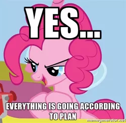 Size: 500x490 | Tagged: safe, derpibooru import, edit, edited screencap, screencap, pinkie pie, earth pony, pony, fall weather friends, all according to keikaku, caption, cropped, death note, female, gendo pose, hooves together, image macro, just as planned, lidded eyes, meme, open mouth, raised hoof, reaction image, solo