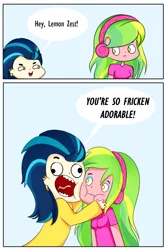 Size: 600x900 | Tagged: safe, artist:electricshine, derpibooru import, indigo zap, lemon zest, equestria girls, friendship games, 2 panel comic, clothes, comic, dialogue, ear piercing, earring, eyeshadow, female, headphones, jewelry, looking at each other, makeup, open mouth, piercing, simple background, smiling, white background
