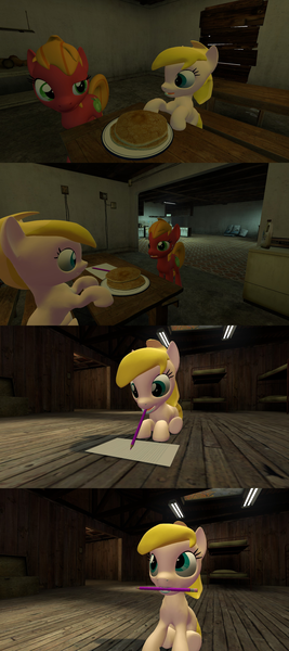 Size: 1920x4320 | Tagged: safe, artist:soad24k, derpibooru import, oc, oc:chipper leaf, oc:macalin, unofficial characters only, earth pony, pony, 3d, cyoa, cyoa:filly adventure, female, filly, food, gmod, pancakes