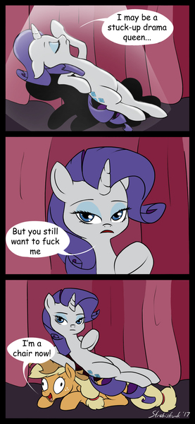 Size: 1006x2179 | Tagged: safe, artist:strebiskunk, derpibooru import, applejack, rarity, earth pony, pony, unicorn, fame and misfortune, appleseat, chair, comic, derp, dialogue, duo, female, forniphilia, living object, scene interpretation, speech bubble, vulgar